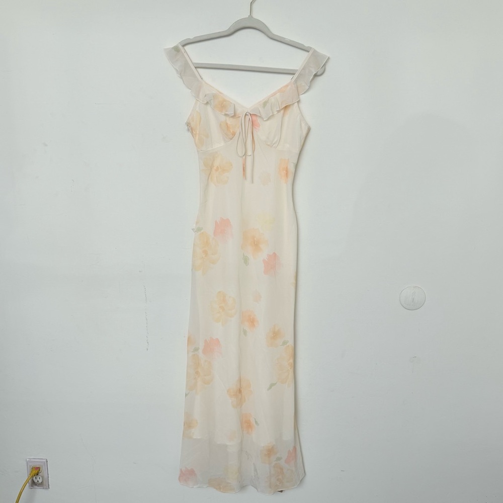 Rihoas Yellow Floral Ruched Ruffle Maxi Dress